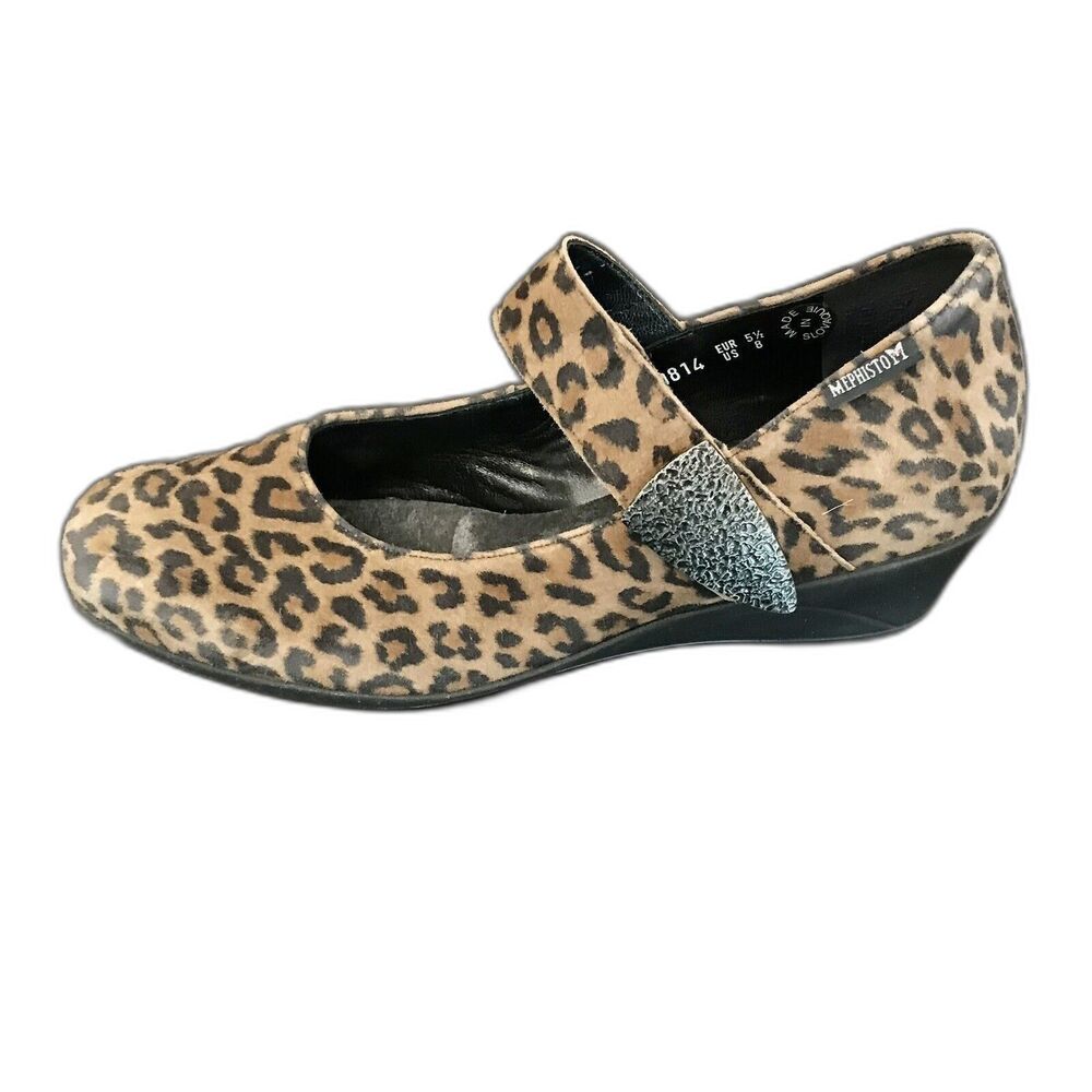 Mephisto Kimona Leopard Classic Mary Jane Low Wedge Suede‎ Shoes Women’s 8